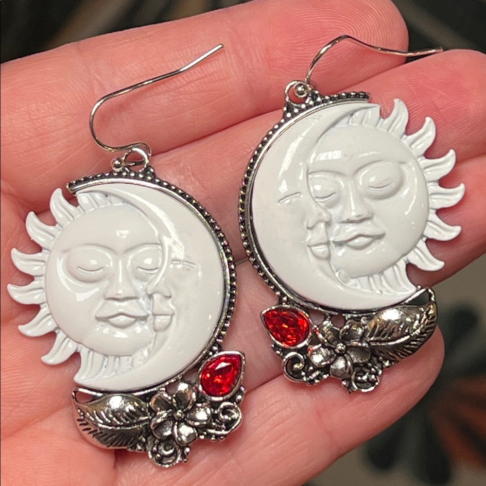 Celestial Sun and Moon Face Faux Garnet Silver Dangle Earrings